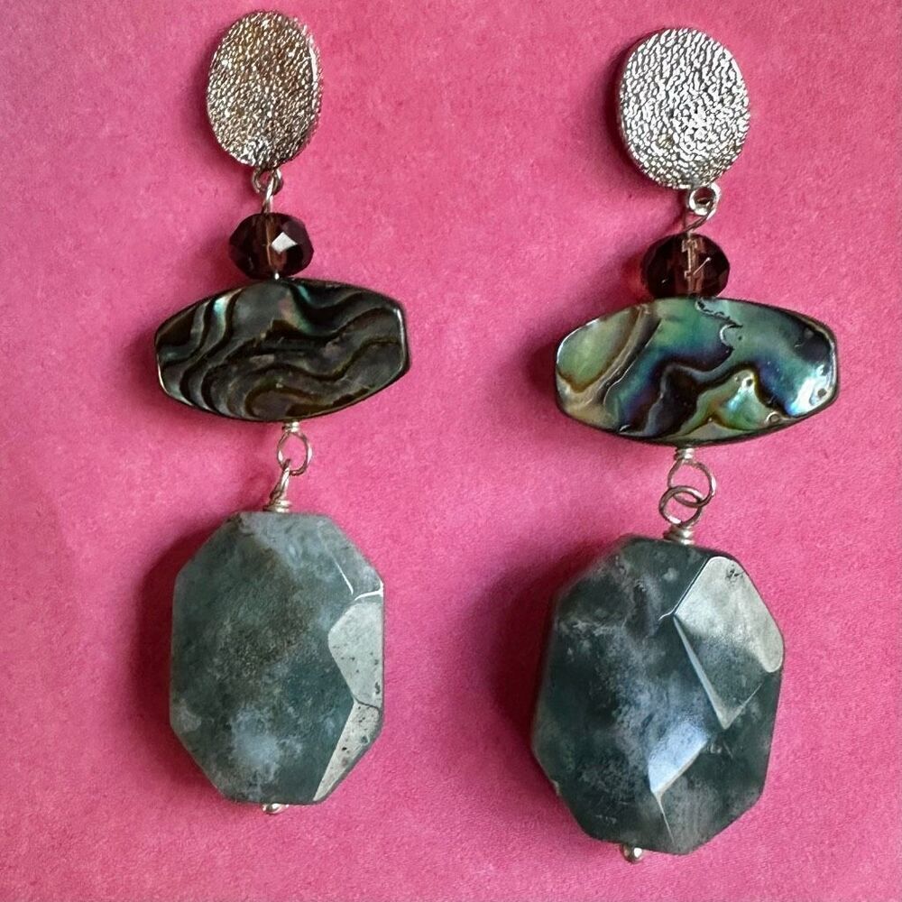 Sterling Silver Abalone smoky quartz & Moss Agate Dangle Earrings